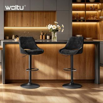 Woltu Woltu Taburetes De Bar Modernos Para Cocina- Dise&ntilde;o De Chenilla Con Respaldo Calado, Giro De 360&deg;, Altura Ajustable - Negro (juego De 2)