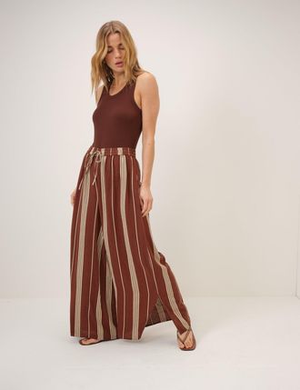 Nobody's Child Brown Striped Linen-Blend Split Hem Trousers