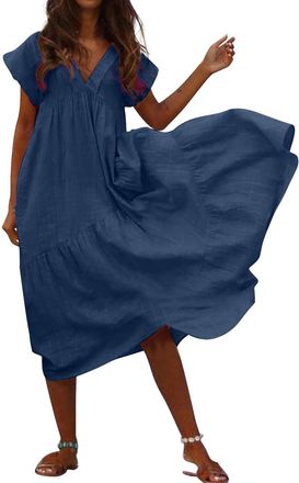 Generic Womens Flowy Summer Maxi Dress 2025 | Cotton and Linen Short Sleeve V-Neck Sun Dress | Beach Holiday & Casual Wear | Lightweight Comfortable Sundress 
