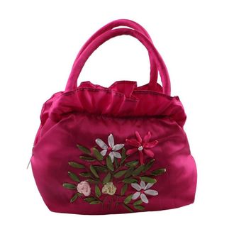 Generic Ethnic Style Tote Bag, Small Purse Wallet, Embroidery Flower Satin Silk Handbag, Zipper Flower Wrist Bag for Women Phone Cosmetic(hot pink)