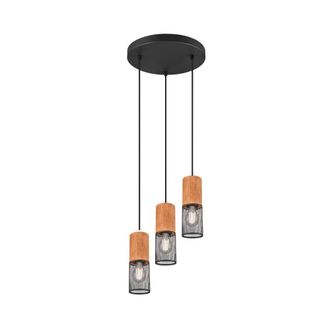 Trio Suspensi&oacute;n Tosh Negro 3xe27 Jaula Madera Y Metal &Oslash;28 Cm Iluminaci&oacute;n