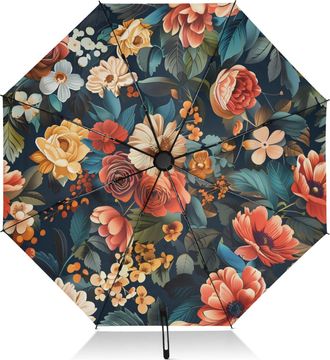 Alaza Umbrellas for Rain Sun Outdoor, Automatic Folding Umbrella Windproof Strong, Large Anti-UV Compact Umbrella Black Outside Floral Travel Umbrellas for 