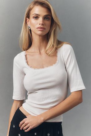 Maeve Lace-Trimmed Three-Quarter Sleeve Top