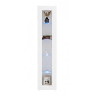 Dmora Vitrina De Columna Con Puerta De Cristal, Made In Italy, Con Luz Led Azul, Aparador Con Estantes, Vitrina De Sal&oacute;n, 40x30h180 Cm, Color Blanco Brillan