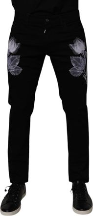 Dolce & Gabbana Black Floral Cotton Skinny Men Denim Jeans Elastane Clothing