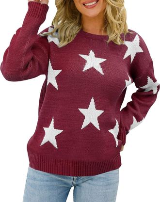 Generic Cocila Ladies Lightweight Knit Jumper Women Long Sleeve Sweater Casual Elegant Round Neck Star Pattern Plus Size Knit Sweater Top Summer Sweatshirts f