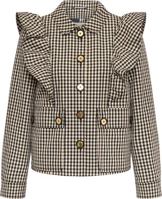 Maison Common Gingham Outdoor Jacket With Ruffles in Blach/sand at Nordstrom, Size 36