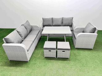 Fimous 6 Pieces Outdoor PE Rattan Garden Furniture with 2 Small Stools in Light Grey