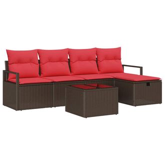 vidaXL Juego De Sof&aacute; Con Coj&iacute;n 6 Pcs Marr&oacute;n Y Rojo Rat&aacute;n Sint&eacute;tico Vidaxl