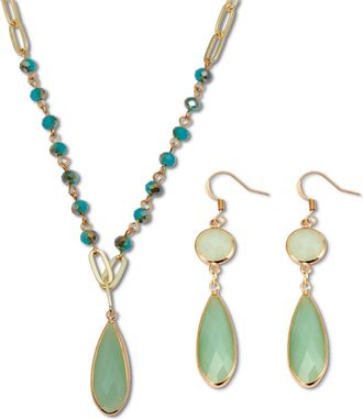 Palm Beach Jewelry Opaque Green Crystal and Genuine Aventurine Goldtone Jewelry Set
