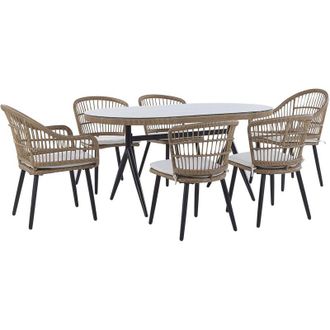 Beliani Set da Pranzo da Giardino a 6 Posti in Rattan Sintetico Beige con Tavolo Piano in Vetro Aliano II