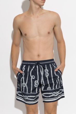 Dolce & Gabbana Swim Shorts With Marina Print, Mens, Navy Blue