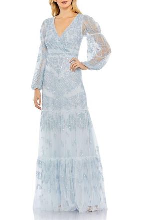 Mac Duggal Sequined Tiered Wrap Over Puff Sleeve Gown in Sky Blue at Nordstrom, Size 10