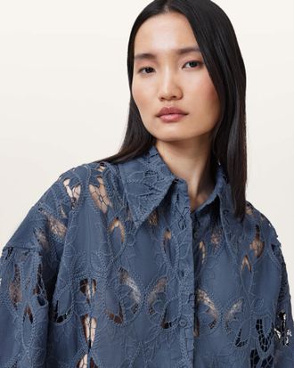 AllSaints Polyester Charli Relaxed Fit Embroidered Shirt, Size: UK 16/US 12
