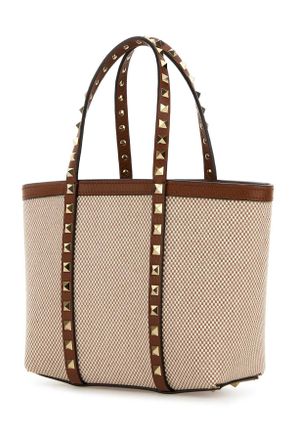 Valentino Garavani Womens Two-Tone Canvas Medium Rockstud Handbag Naturaletobaccoselleria Borse A Mano Bag