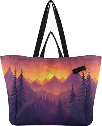 Generic Mountain Sun Conifers Purple print Reusable Canvas Tote Bag, Heavy Duty Grocery Shopping Bag with Hard Bottom Large Capacity Double Handles Work Groce