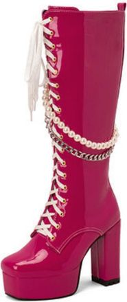 Generic Womens Lace Up Knee High Boots with Side Zipper Patent Leather Long Boots with Pearl Chunky Heel Platform Knight Boot,Fuchsia,2.5 UK