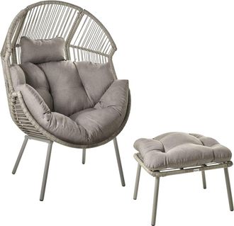 Beliani Silla de jard&iacute;n con reposapi&eacute;s rat&aacute;n sint&eacute;tico gris
