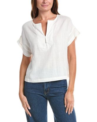 Max Studio Short Sleeve Split Neck Linen-Blend Top