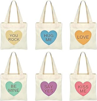 Generic Mini Conversation Heart Canvas Bags,2026 New Adorable Reusable Heart Canvas Gift Tote Bags,Valentines Gift for Women,6/12 PCS (6 PCS)