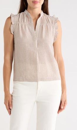 Max Studio Ruffle Sleeveless Top in Truffle White Mini Stripe at Nordstrom Rack, Size X-Small