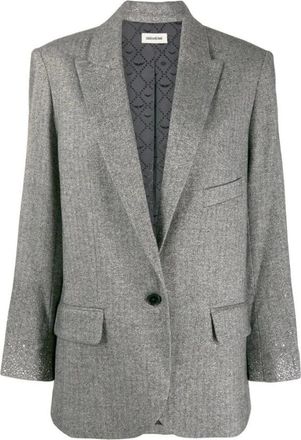 Zadig&Voltaire Jassen, Dames, Grijs, M, Leer, Rhinestone Cuff Silver Blazer