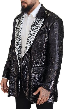 Dolce & Gabbana Mens Black Sequined Cow Pattern Nylon Blazer Clothing
