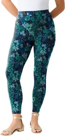 Roaman's Plus Size Essential Stretch Ankle Length Pull On Legging in Green Rose Paisley at Nordstrom, Size 5X