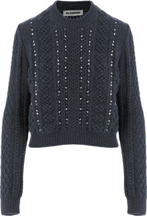 Jil Sander Embellished Dark Blue Wool Knit Sweater