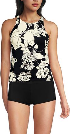 Lands End D-Cup Tugless High Neck Strappy Back Tankini Swimsuit Top in Black/egret Lilies at Nordstrom, Size 12