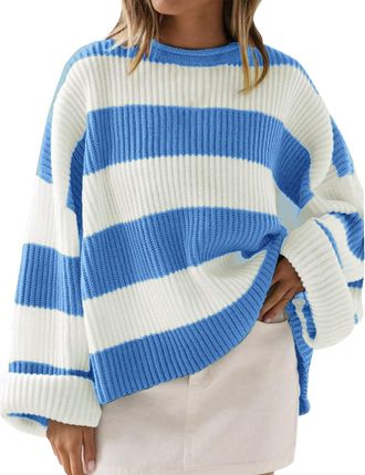 Generic Womens Loose Sweaters Tops Knitted Loose Jumper Womens Crew Neck Long Sleeved Striped Sweater with Flared Sleeves Mens Large Sweatshirt (Sky Blue, L)
