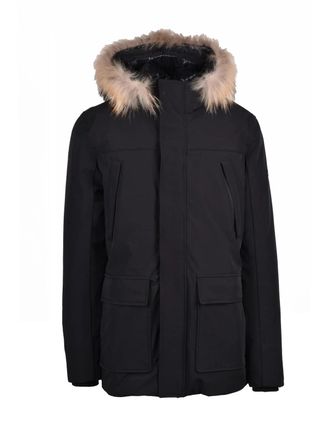 Yes-Zee Black Fur-Trimmed Hood Stretch Nylon Down Jacket