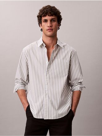 Calvin Klein Mens Yarn-Dyed Stripe Washed Poplin Shirt - Dark Beige - XL