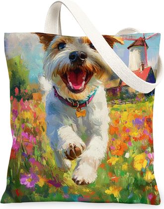 Generic Spring Russell Terrier Dog Canvas Tote Bag for Shopping 13x15, Country Garden Puppy Reusable Grocery Print Pattern Bag for Women, Fun Flower Pet Beach