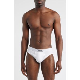 Versace 90s Logo Stretch Cotton Rib Briefs in Optical White at Nordstrom, Size 6