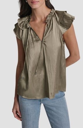 DKNY Pleated Tie Front Satin Top in Light Fatigue at Nordstrom, Size X-Large