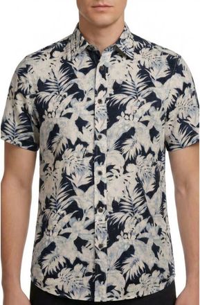 Report Collection Tropical Print Short Sleeve Linen & Cotton Button-Up Shirt in Navy at Nordstrom Rack, Size Xx-Large