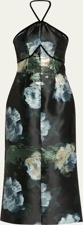 Markarian Domino Metallic Watercolor Halter Midi Dress