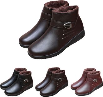 Generic Winter Ankle Boots for Women Flat Low Heel Vegan Leather Boots with Fur Lined Padded Warm Short Boots Ladies Side Zipper Waterproof Non-Slip Ankle Boo