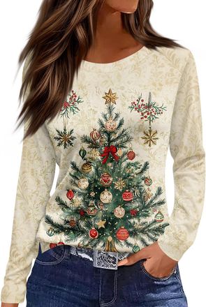 Generic Christmas Jumpers for Women UK, Christmastree Funny Graphic Tops Snowflake Printed Sweatshirt Crew Neck Long Sleeve Pullover Xams Holiday Blouse,Beige