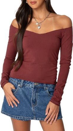 Edikted Nattie Off the Shoulder Long Sleeve Top in Burgundy at Nordstrom, Size X-Small