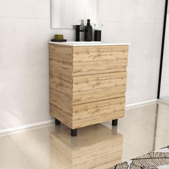 Aurlane Mueble De Ba&ntilde;o 60cm 3 Cajonesroble Natural + Lavabo De Cer&aacute;mica Blanco - Timber 60