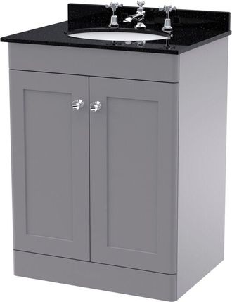 Nuie Classique Satin Grey 600mm 2 Door Vanity Unit with Black Marble Countertop and Round Basin with 3 Tap Holes - CLC225BR3 - Nuie