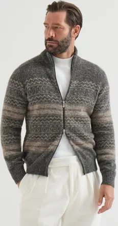 Brunello Cucinelli Alpaca, cashmere and wool nordic jacquard high-neck cardigan with zip in Black at Nordstrom, Size 58