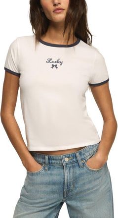 Lucky Brand Lucky Embroidered Bow Crop Ringer T-Shirt in Bright White at Nordstrom, Size Xx-Large