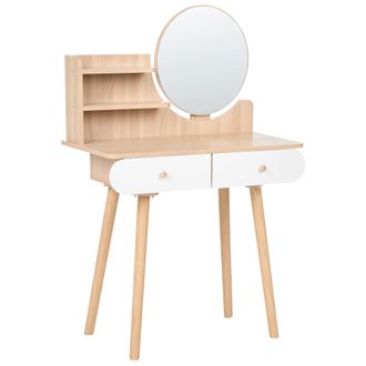 Beliani Tocador Con Espejo Redondo De Mdf Acabado Decorativo Imitaci&oacute;n Madera Con 2 Cajones Blanco Chambly