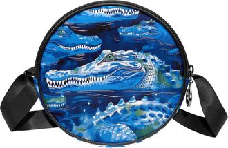 Generic Circle Crossbody Bag for Women, Sea Blue Crocodile Small Sling Bag Daypack with Zipper Adjustable Shoulder Straps Casual Ladies Girls Round Purse