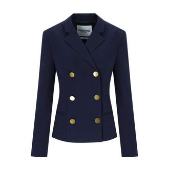 Essentiel Jassen, Dames, Blauw, S, Leer, Navy Double-Breasted Blazer met Gouden Knopen