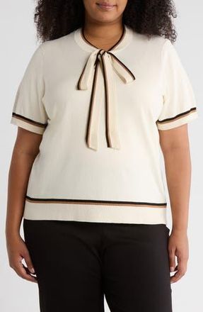 Adrianna Papell Double Tip Tie Neck Sweater in Cream/Black/Camel at Nordstrom Rack, Size 3X