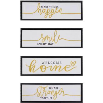 Hhg Juego De 4 Cuadros Hhg-746, Decoraci&oacute;n De Pared, Marcos De Fotos, Frases Smile Home, Lienzo De Madera 15 X 45 Cm